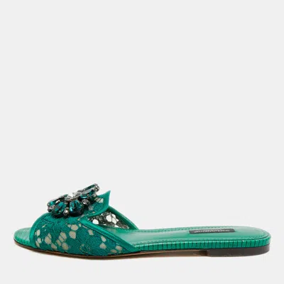 Pre-owned Dolce & Gabbana Bianca Size 36 Green Lace And Satin Flat Slides
