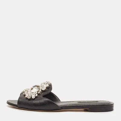 Pre-owned Dolce & Gabbana Bianca Size 37 Black Lizard Embossed Leather Crystal Embellished Flat Slide Sandals