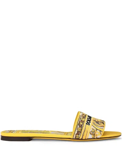 Dolce & Gabbana Bianca Slide Sandals With Majolica Print In Yellow & Orange