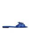 Dolce & Gabbana Embellished Corded Lace And Lizard-effect Leather Slides In Blue