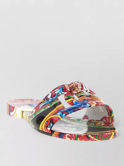 Dolce & Gabbana Bianca Slides Open Toe Flat Sole Strap In Multi