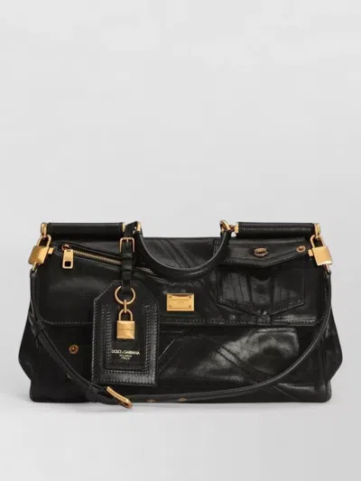 Dolce & Gabbana Biker Patch Calfskin Shoulder Bag Medium In Black