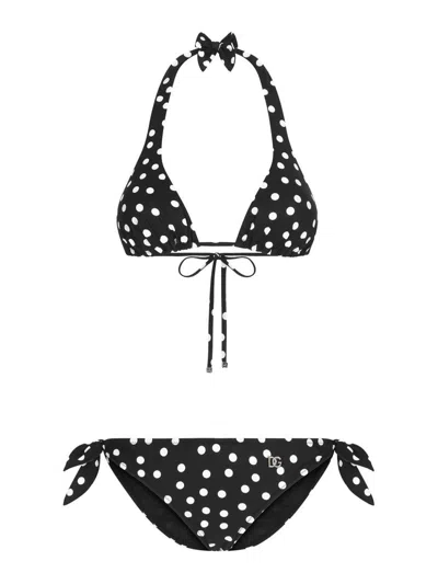 Dolce & Gabbana Polka Dot-print Triangle Bikini Set In Black