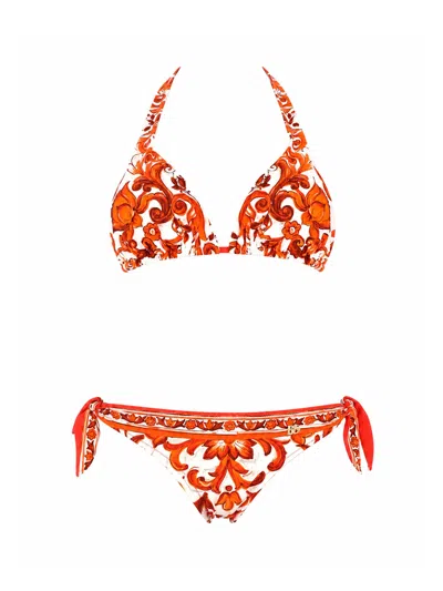 Dolce & Gabbana Bikini Triangolo Stampa Maiolica In Orange