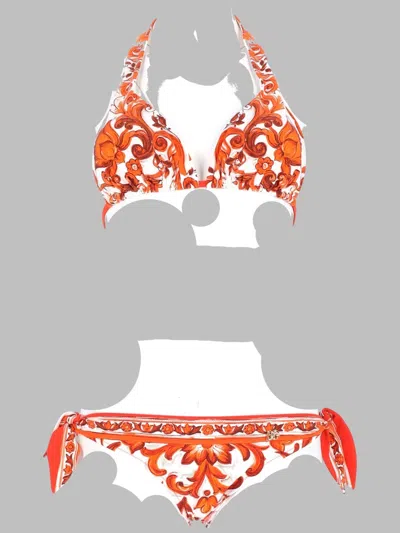 Dolce & Gabbana Bikini Triangolo Stampa Maiolica In Orange
