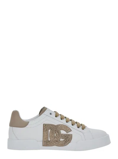 Dolce & Gabbana Black And Beige Low Top Sneakers With Logo Patch On The Side And Logo Lettering On The Tongue In Lea In White