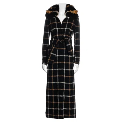 Pre-owned Dolce & Gabbana Black And Cream Checked Wool Coat With Fur Collar, Fw 1995 In White