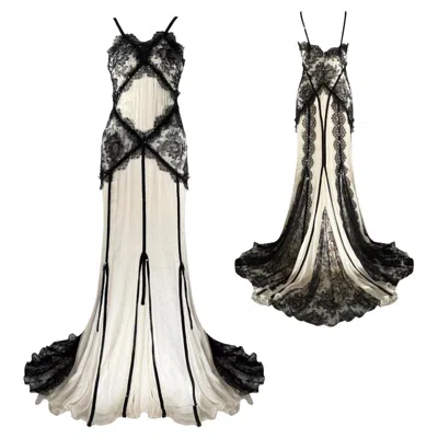 Pre-owned Dolce & Gabbana Black & Cream Lingerie Inspired Evening Gown Spring 2006 Sz 40it In White