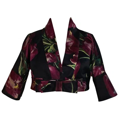 Pre-owned Dolce & Gabbana Black And Purple Silk Floral Tulip Print Cropped Jacket Bolero