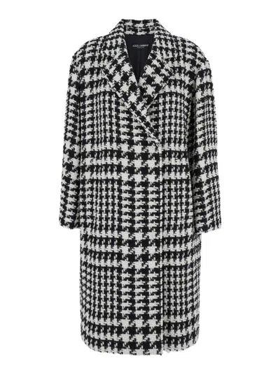 DOLCE & GABBANA BLACK AND WHITE COAT WITH ALL-OVER CHECK MOTIV IN WOOL BLEND WOMAN