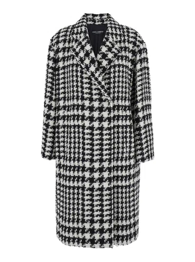 Dolce & Gabbana Black And White Coat With All-over Check Motiv In Wool Blend Woman In Multicolor