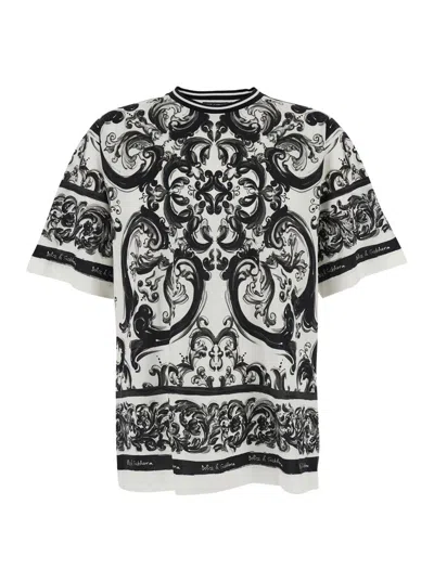 Dolce & Gabbana Black And White Crewneck T-shirt With All-over Graphic Print In Cotton Man