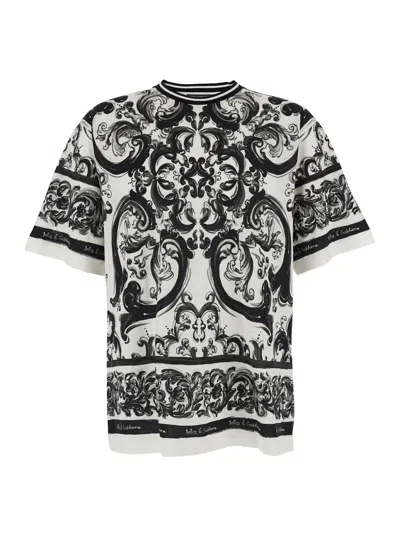 DOLCE & GABBANA DOLCE & GABBANA MEN BLACK AND WHITE CREWNECK T-SHIRT WITH ALL-OVER GRAPHIC PRINT IN COTTON MAN