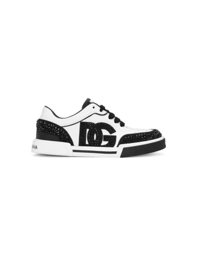 Dolce & Gabbana Kids' Black And White Dg Sneakers With Rhinestones