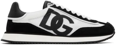 DOLCE & GABBANA BLACK & WHITE MIXED-MATERIAL 'DG' CUSHION SNEAKERS