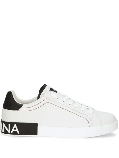 Dolce & Gabbana Portofino White Low Top Sneakers With Patch Logo And Red Stitching In Smooth Leather Man