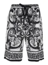 Dolce & Gabbana Maiolica Black And White Shorts With Elastic Drawstring Closure And All-over Print In Silk Man