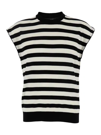 Dolce & Gabbana Black And White Sleeveless Top With Round Neck And All-over Strpied Motif In Cotton In Multi