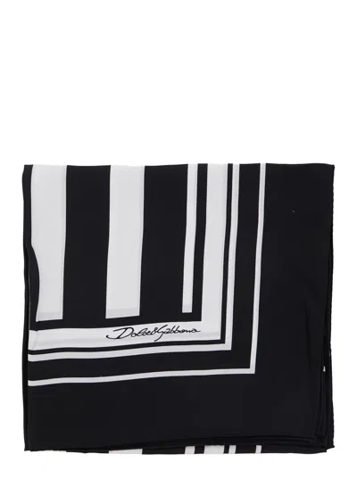 DOLCE & GABBANA DOLCE & GABBANA MEN BLACK AND WHITE SQUARE SCARF WITH LOGO LETTERING ON THE FRONT AND ALL-OVER STRIP