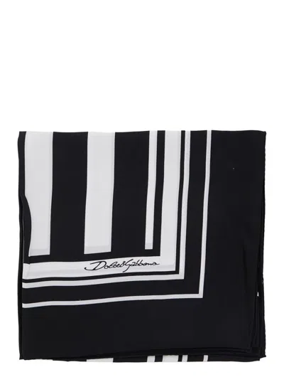 DOLCE & GABBANA BLACK AND WHITE SQUARE SCARF WITH LOGO LETTERING ON THE FRONT AND ALL-OVER STRIPED MOTIF IN SILK MAN