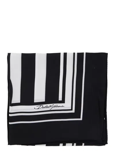DOLCE & GABBANA BLACK AND WHITE SQUARE SCARF WITH LOGO LETTERING ON THE FRONT AND ALL-OVER STRIPED MOTIF