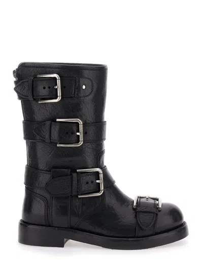 Dolce & Gabbana Black Leather Boots With Straps In Multi