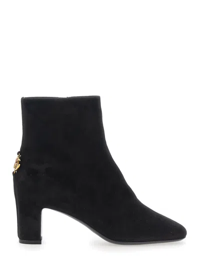 Dolce & Gabbana Black Ankle Boots With Dg Logo Plaque On The Back In Suede Woman