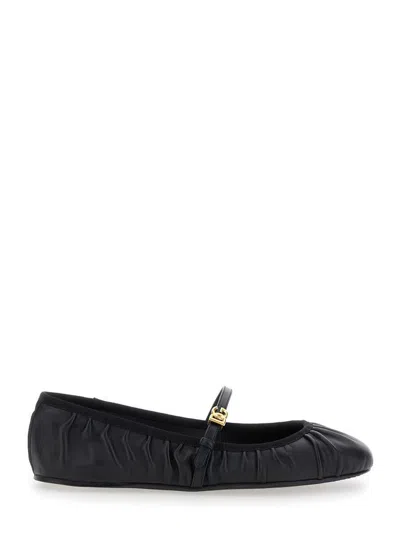 DOLCE & GABBANA BLACK BALLERINAS WITH METALLIC LOGO AND STRAP
