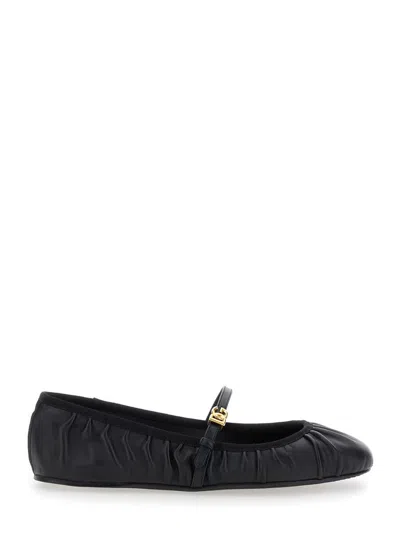 DOLCE & GABBANA BLACK BALLERINAS WITH METALLIC LOGO AND STRAP IN LEATHER WOMAN