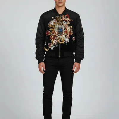 Pre-owned Dolce & Gabbana Black Baroque Angels Print Velvet Bomber Jacket L