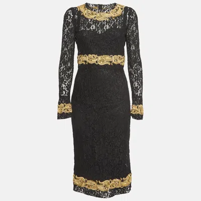 Pre-owned Dolce & Gabbana Black Baroque Goldwork Lace Long Sleeve Midi Dress M