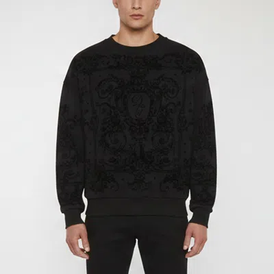 Pre-owned Dolce & Gabbana Black Baroque Logo Velvet Print Cotton Crew Neck Sweatshirt M