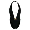 Dolce & Gabbana Plunging Neckline Belted Swimsuit In Black