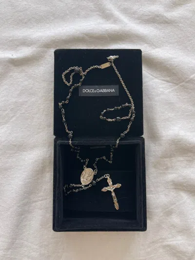 Pre-owned Dolce & Gabbana Black Bead Rosary Cross Brass Necklace