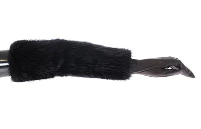 Dolce & Gabbana Black Beaver Fur Lambskin Leather Elbow Women's Gloves