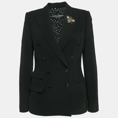 Pre-owned Dolce & Gabbana Black Bee Embroidery Wool Double Breasted Blazer M