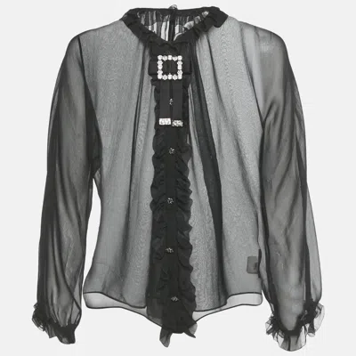 Pre-owned Dolce & Gabbana Black Bejeweled Silk Ruffled Sheer Blouse S