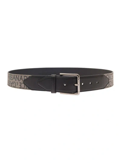 Dolce & Gabbana Black Belt With All-over Jacquard Logo And Leather Inserts