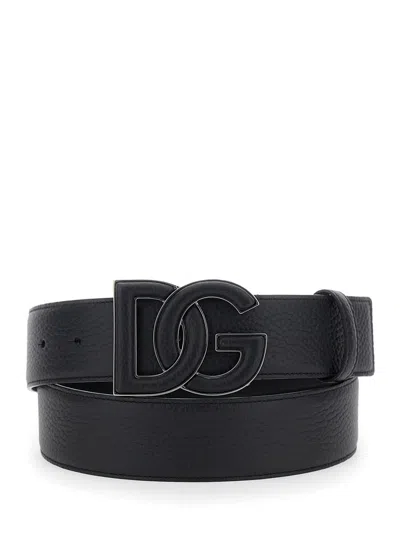 DOLCE & GABBANA BLACK BELT WITH BUCKLE WITH LOGO ON THE FRONT IN TEXTURED LEATHER