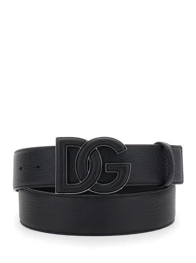 Dolce & Gabbana Black Belt With Buckle With Logo On The Front In Textured Leather In Multicolor