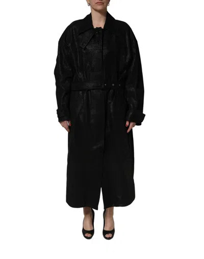 Dolce & Gabbana Black Belted Sheepskin Trench Coat Jacket In Multi