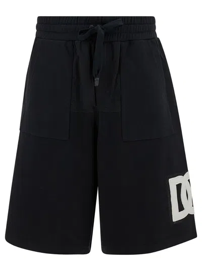 Dolce & Gabbana Black Bermuda Shorts With Contrasting Dg Patch In Cotton Blend Man