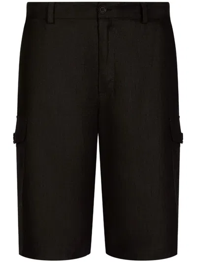 DOLCE & GABBANA BLACK BERMUDA SHORTS WITH POCKETS IN LINEN MAN