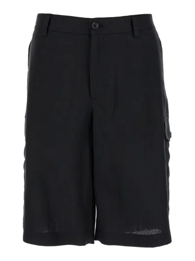 Dolce & Gabbana Black Bermuda Shorts With Pockets In Linen Man