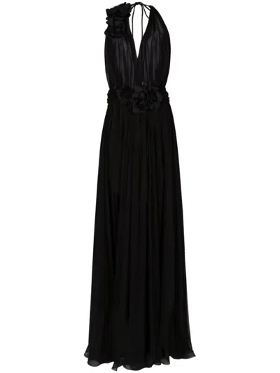 DOLCE & GABBANA BLACK BLACK FLORAL APPLIQUE PLEATED DRESS