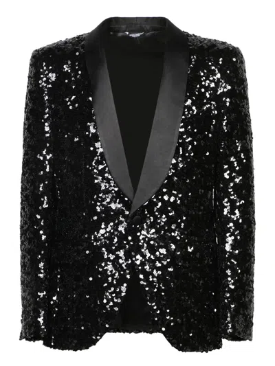 DOLCE & GABBANA DOLCE & GABBANA BLACK BLAZER WITH SEQUINS AND SATIN LAPELS