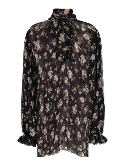 Dolce & Gabbana Black Blouse In Silk With Flower Print In Brown