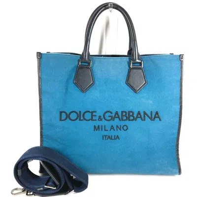 Pre-owned Dolce & Gabbana Black Blue Leather Canvas Shopping Bag Shoulder Bag Tote Bag () In Black, Blue