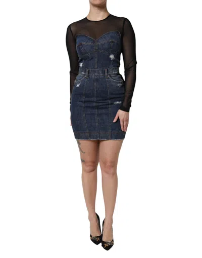 Dolce & Gabbana Black Blue Long Sleeves Denim Mini Women's Dress In Multi