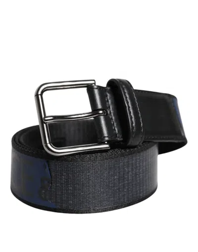 Pre-owned Dolce & Gabbana Black Blue Polyester Printed Metal Buckle Men's Belt () In Multi